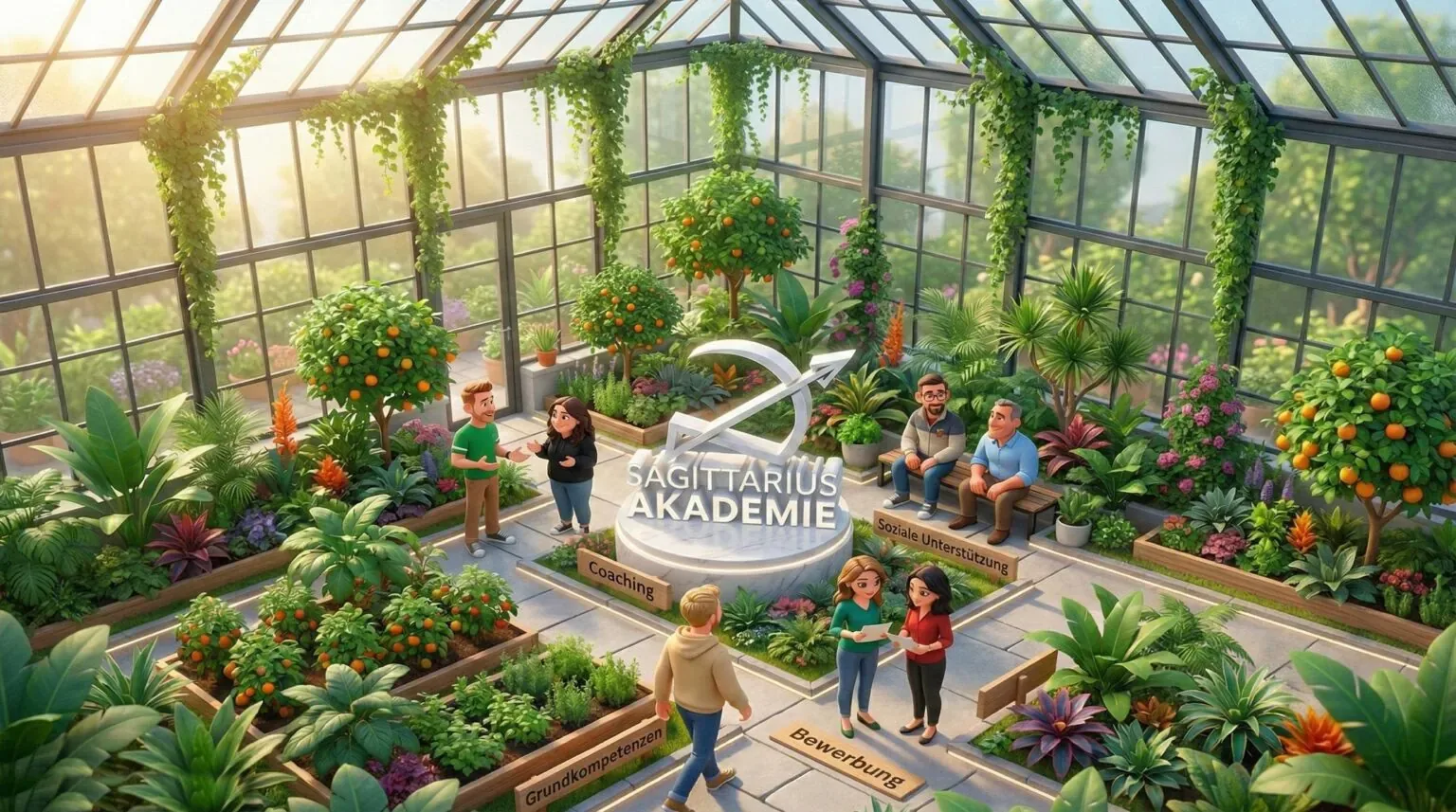 Illustration: Menschen im Gewächshaus rund um das Logo der Sagittarius Akademie, mit Beeten für Coaching, soziale Unterstützung, Grundkompetenzen und Bewerbung